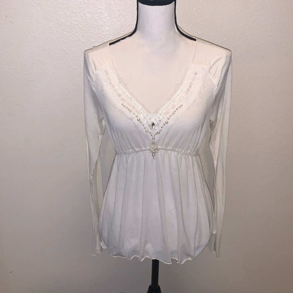 Avenue of the Stars beautiful beaded diamond sheer long sleeve blouse